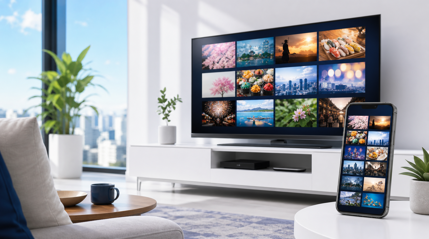 テレビとスマートフォンで日本の番組を視聴するイメージ